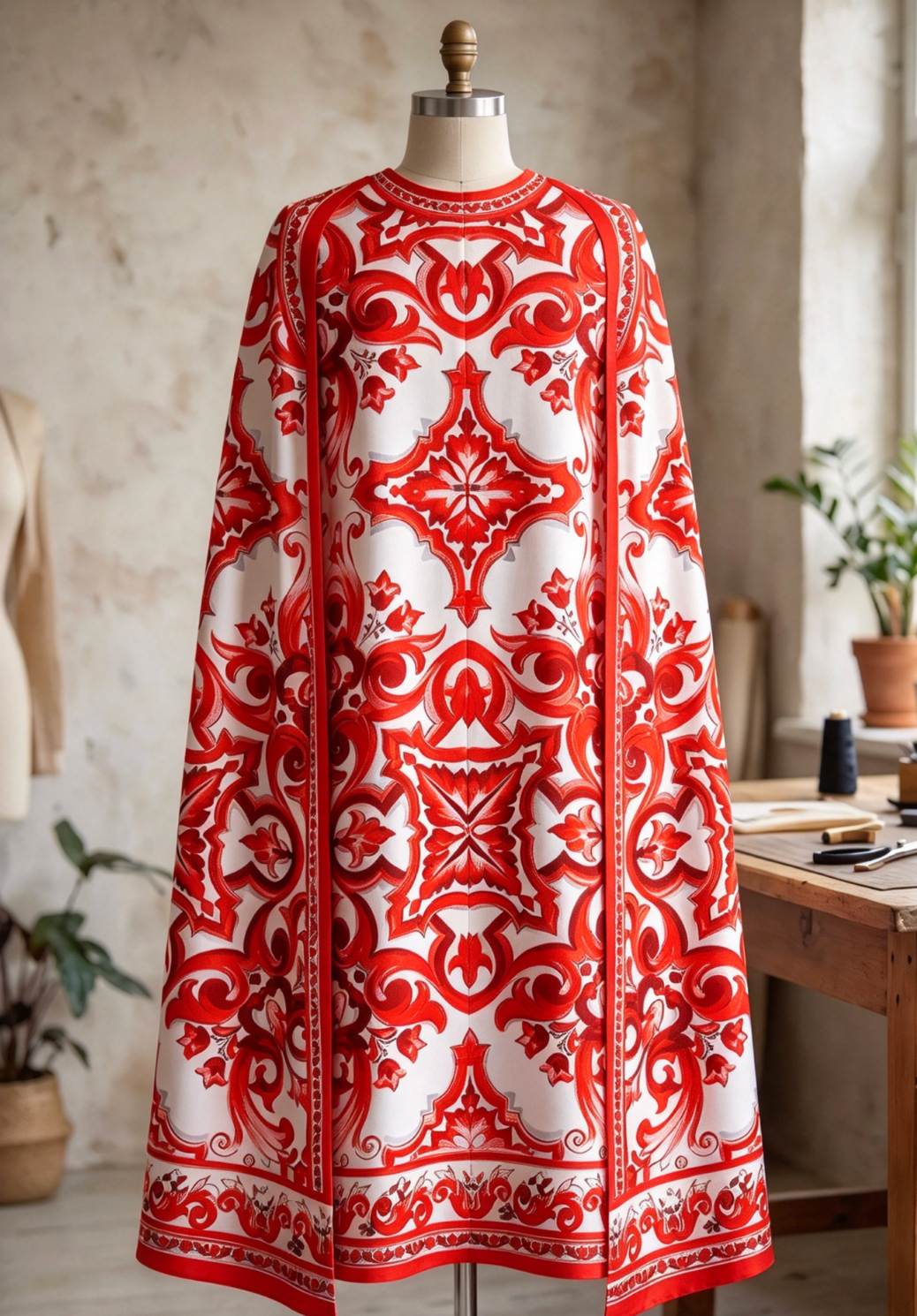 White Majolica Tile Print Cape Dress