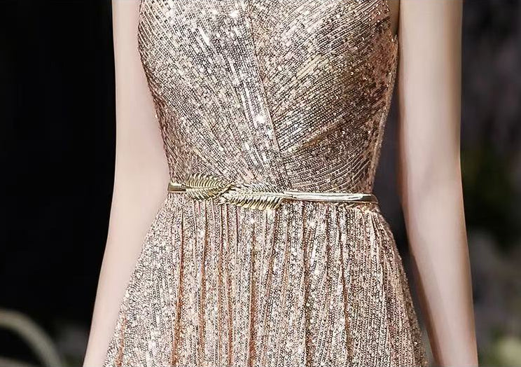 Gold V-Neck Sequins Prom Dress