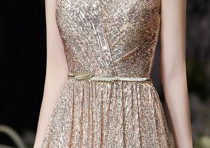 Gold V-Neck Sequins Prom Dress