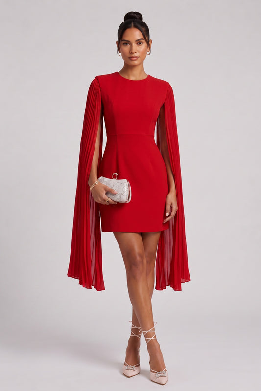 Red Crepe Sheath Dress with Pleated Cape Sleeves red crepe dress - product view 1