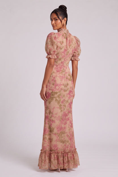 Beige Chiffon Mermaid Dress with Floral Print and Puff Sleeves beige chiffon dress - product view 5