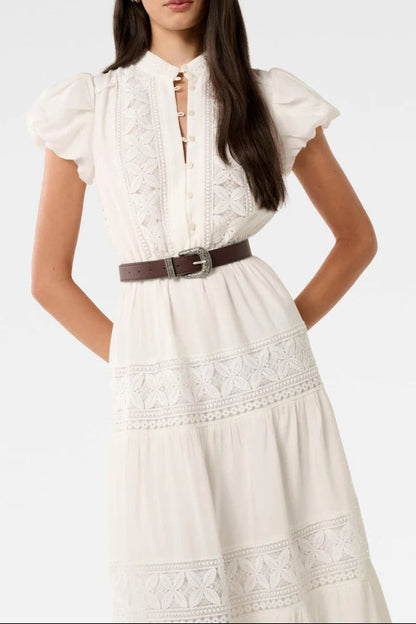 White adelaide lace Belted Trim Midi Dress
