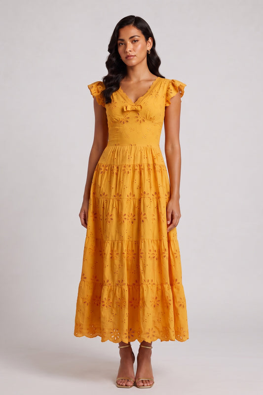 Scallop V-Neck Ruffle Sleeve Eyelet Tiered Midi Dress
