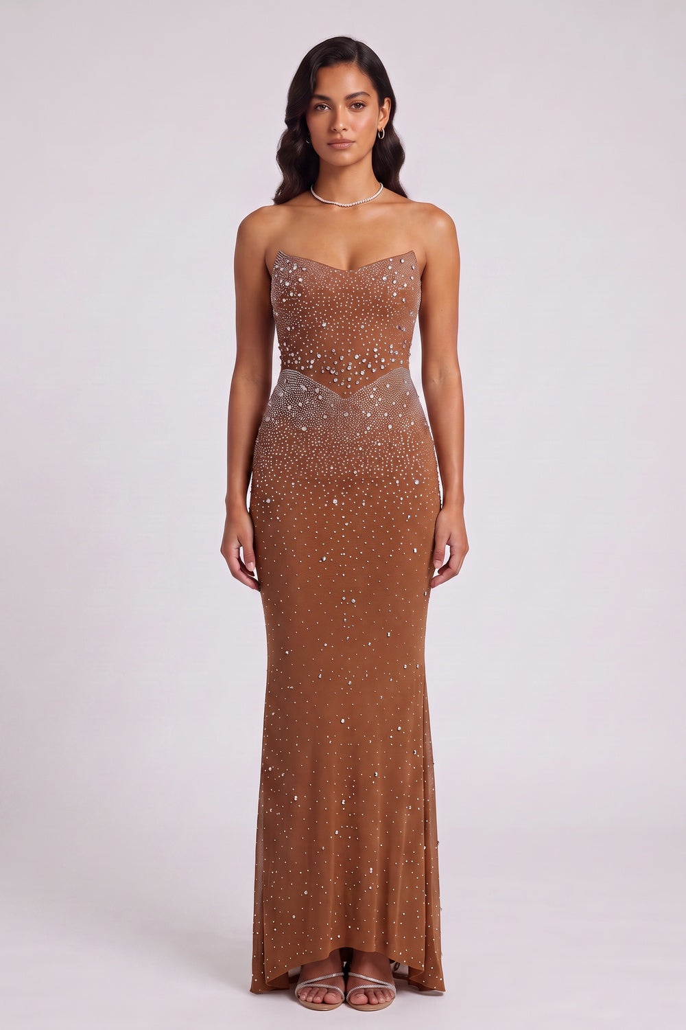 Brown Mesh Fitted Column Gown with Crystal Embellishments brown mesh gown - product view 4