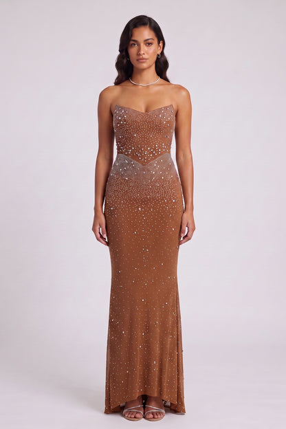 Brown Mesh Fitted Column Gown with Crystal Embellishments brown mesh gown - product view 4