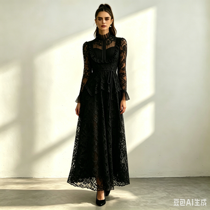 Cream Floral Lace Ruffle High Neck Long Sleeve Belted Maxi Dress