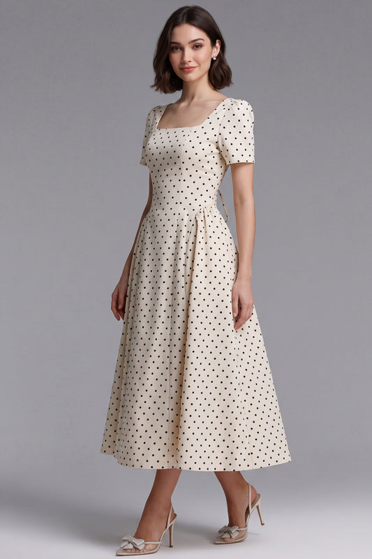 cream woven cotton-blend fit-and-flare dress cream woven cotton-blend dress - product view 1