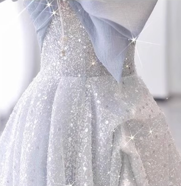 Silver-Blue Glitter Tulle A-Line Evening Gown