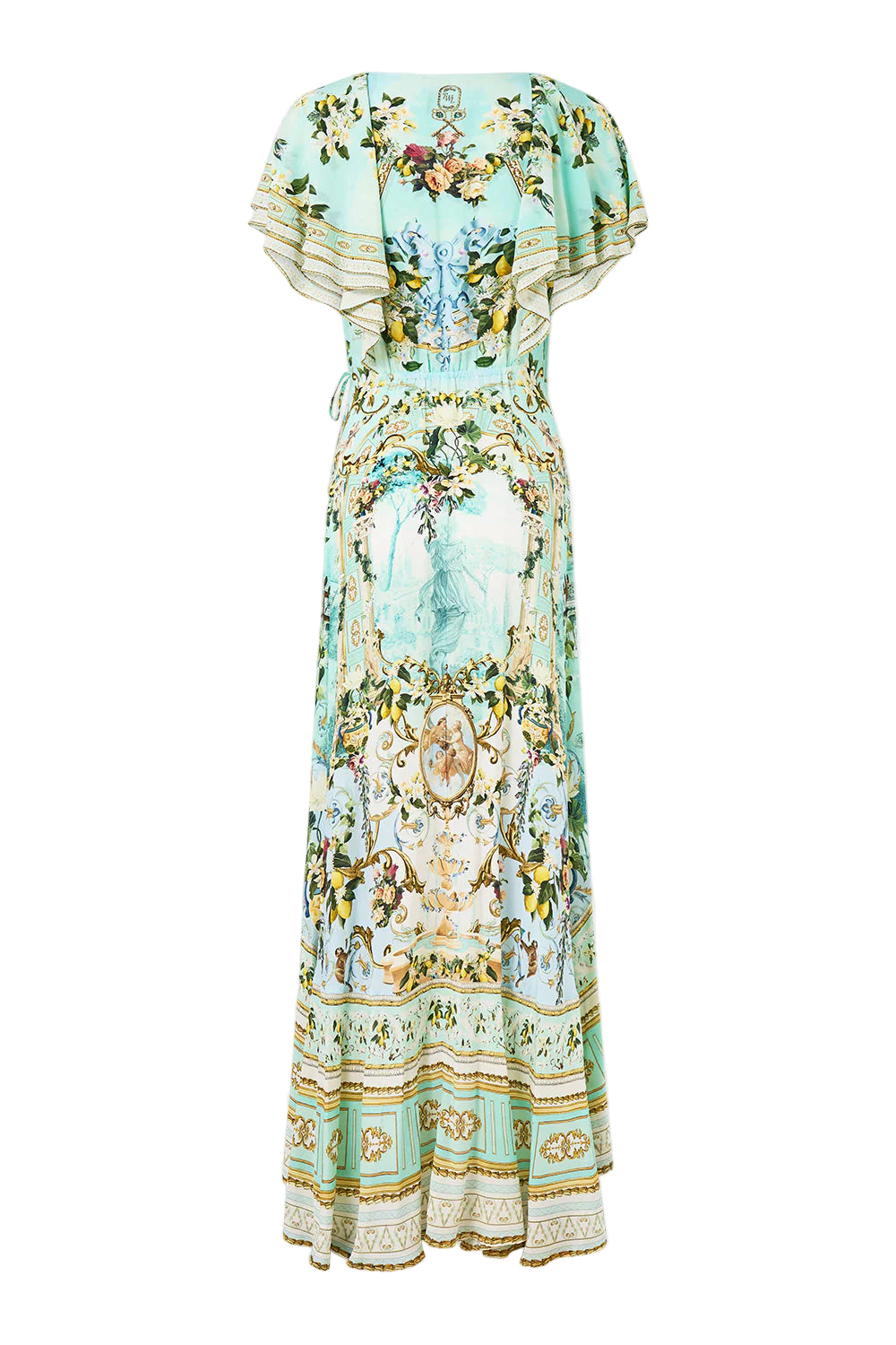 green-multi Printed ruffled V-neck irregular hem silk maxi dress