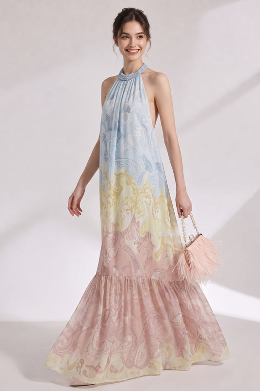 Pastel Ombré Chiffon Halter Tiered Maxi Dress pastel blue, pastel yellow, dusty rose pink chiffon dress - product view 1