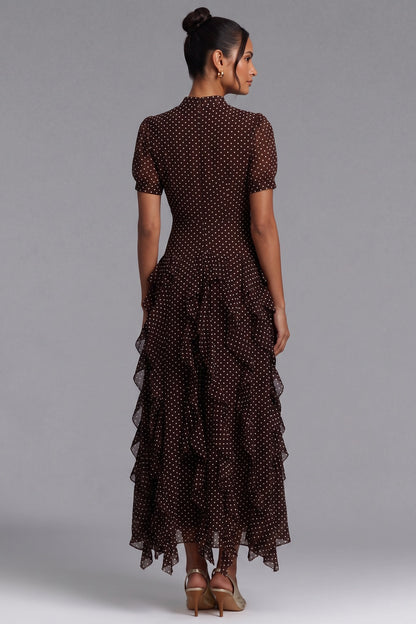 Brown Polka Dot Tiered Ruffle Midi Dress Premium Fabric - product view 4