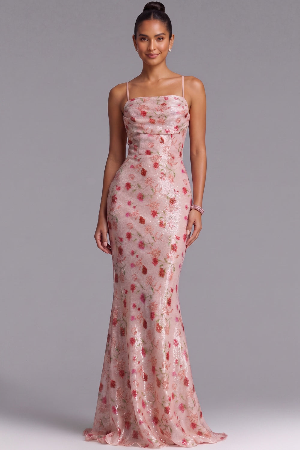 Blush Pink Floral Sequin Mermaid Gown with Lace-Up Back Premium Fabric - product view 3