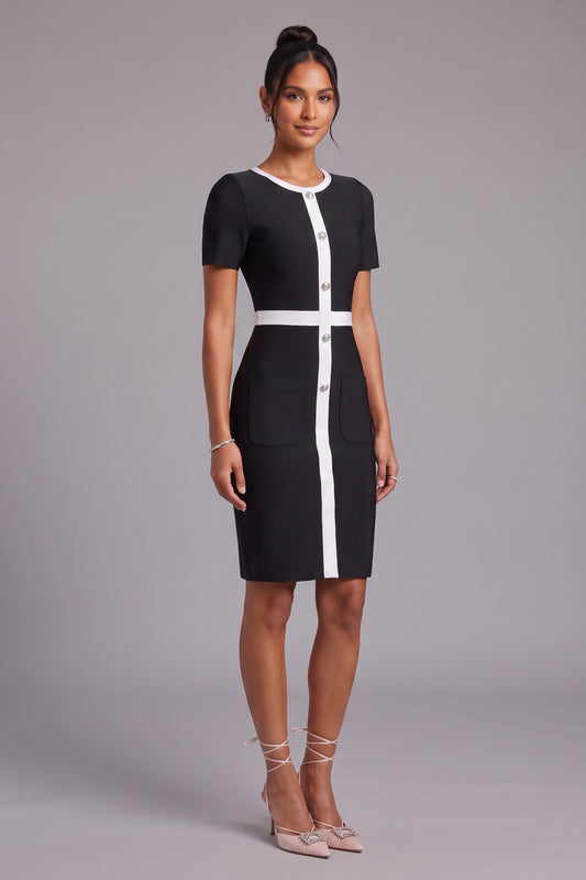 Black Structured-Knit Sheath Dress with White Contrast Paneling black structured-knit dress - product view 4