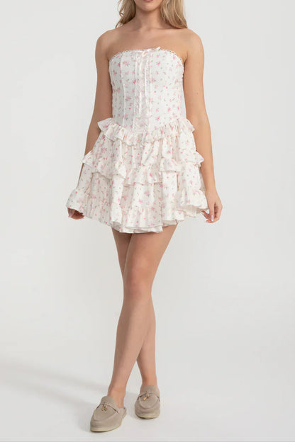 martha Ruffle printed strapless Mini Dress in pink