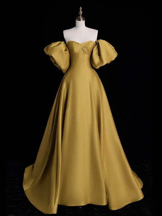 Yellow A-line Satin maxi Prom Dress