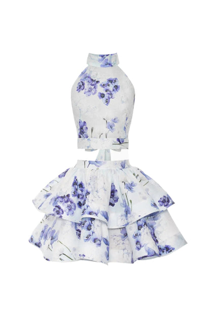 jessica printed backless halter top skirt set in blue