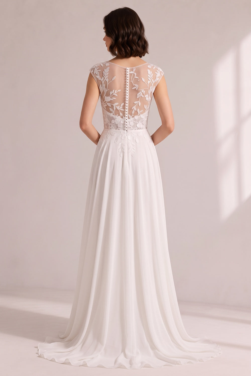 Illusion Cap Sleeve Floral Lace High Slit Chiffon Wedding Gown