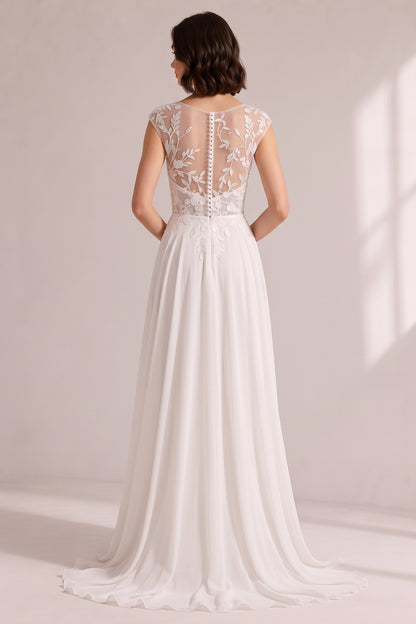 Illusion Cap Sleeve Floral Lace High Slit Chiffon Wedding Gown