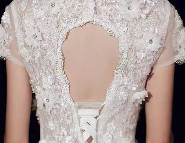 3D Floral Lace Short Sleeve Tulle Floor-Length Evening Gown