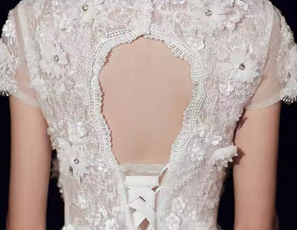 3D Floral Lace Short Sleeve Tulle Floor-Length Evening Gown