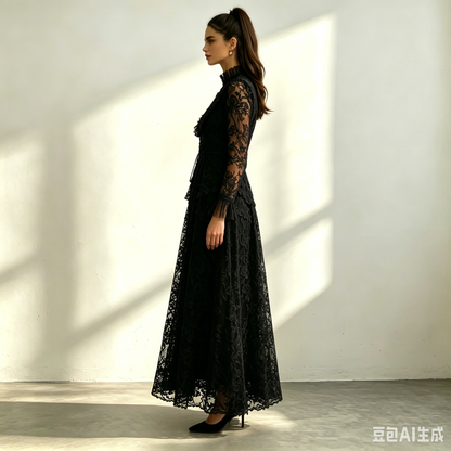 Cream Floral Lace Ruffle High Neck Long Sleeve Belted Maxi Dress