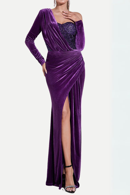 one shoulder sequin-embellished velvet maxi dress in purple