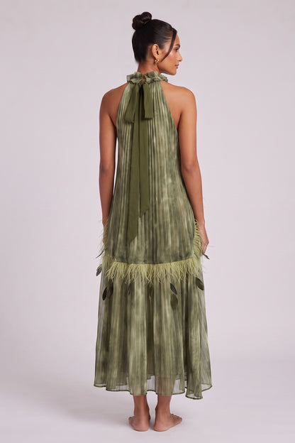 Olive Green Chiffon A-Line Halter Midi Dress olive green, moss green chiffon dress - product view 5