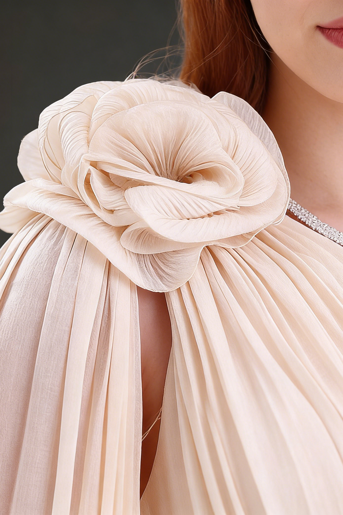 simona one shoulder 3d flower ruffle hem maxi dress in apricot