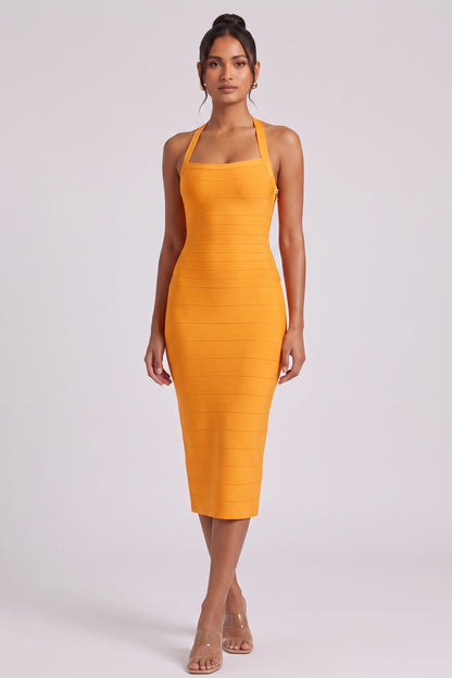 Yellow Halter Midi Bandage Dress Premium Fabric - product view 2