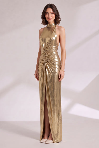 Gold Metallic Halter Neck Maxi Dress Premium Fabric - product view 4