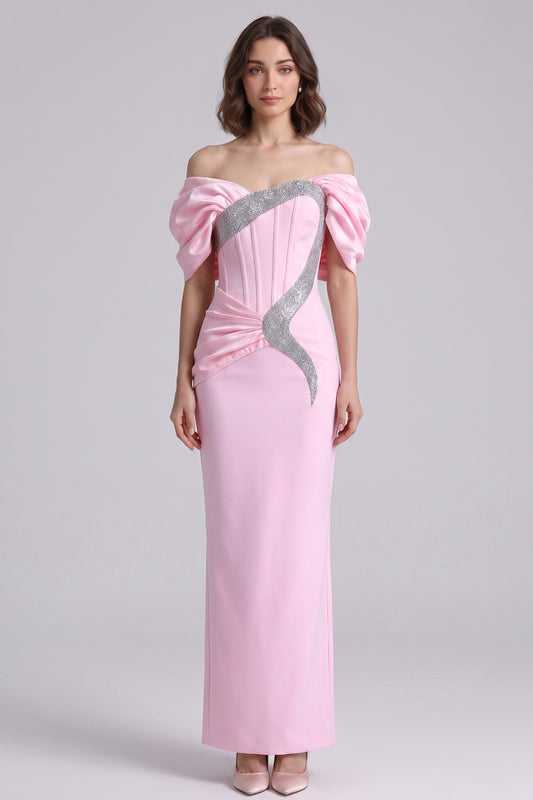 Light Pink Satin-Crepe Column Gown with Silver Sparkly Trim light pink satin-crepe gown - product view 3