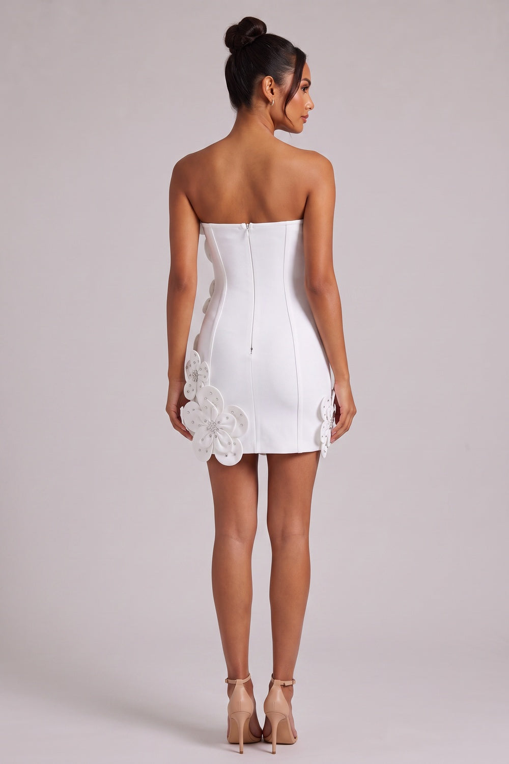 White Structured Crepe 3D Floral Bodycon Mini Dress white structured crepe dress - product view 4