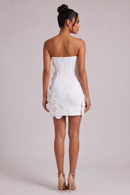 White Structured Crepe 3D Floral Bodycon Mini Dress white structured crepe dress - product view 4