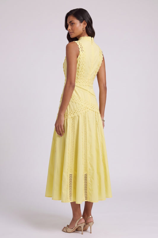 Yellow A-Line Midi Dress with Lace Inserts yellow lightweight woven cotton-blend dress - product view 2