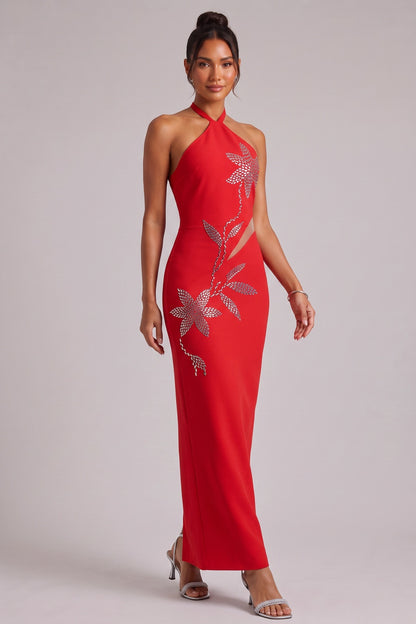 Red Halter Neck Evening Gown with Silver Floral Embellishments Premium Fabric - product view 2