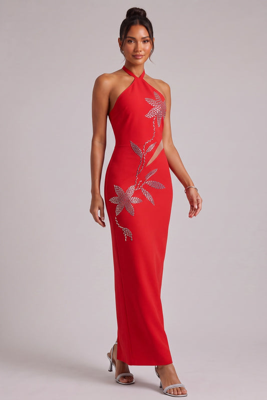 Red Halter Neck Evening Gown with Silver Floral Embellishments Premium Fabric - product view 2