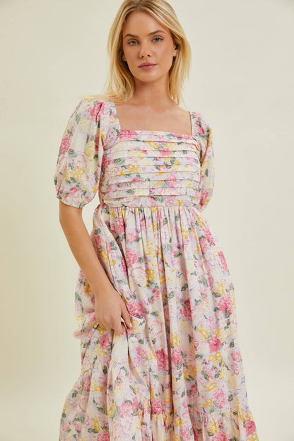 Pleated Bodice Floral Midi Dress
