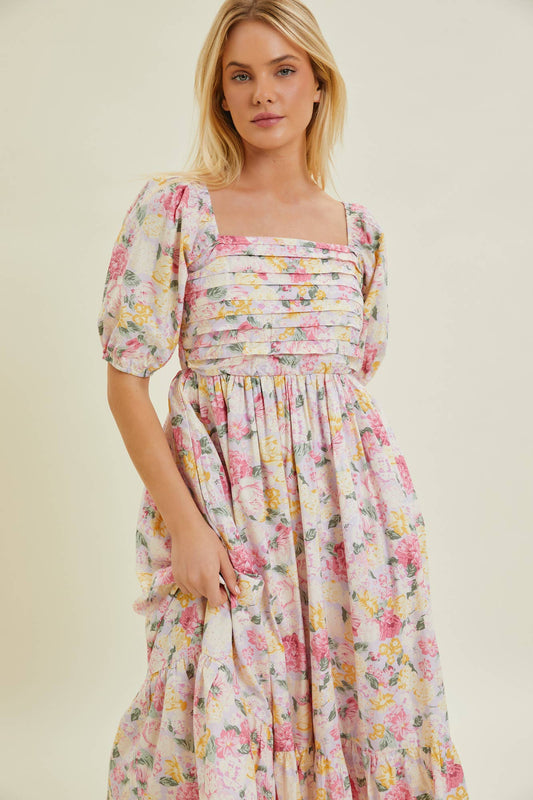 Pleated Bodice Floral Midi Dress