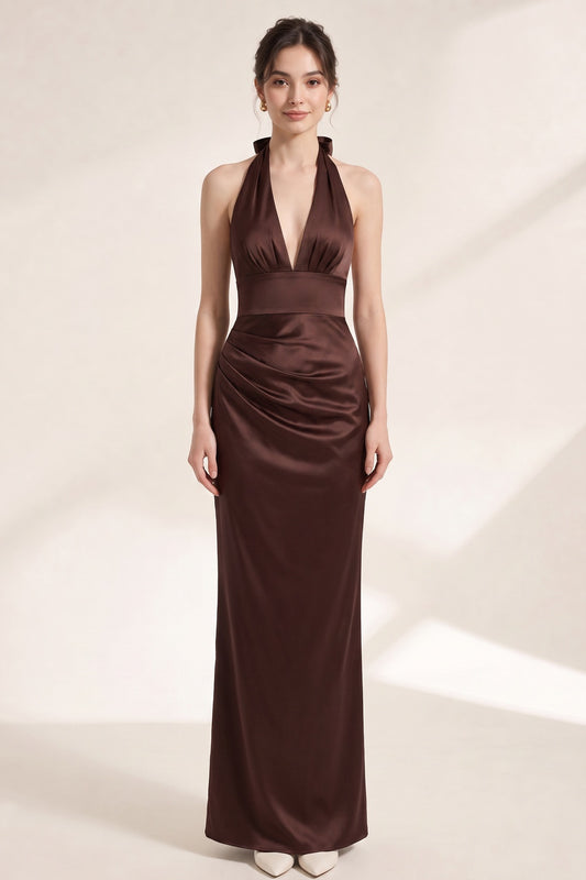 Chocolate Brown Satin Fitted Column Gown chocolate brown satin gown - product view 1