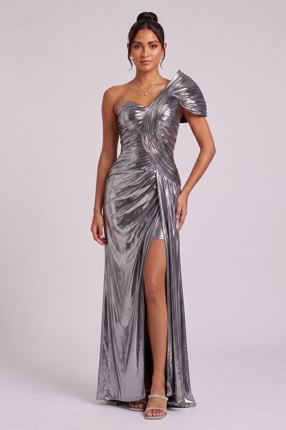 Silver Metallic One-Shoulder Draped Maxi Dress Premium Fabric - product view 2