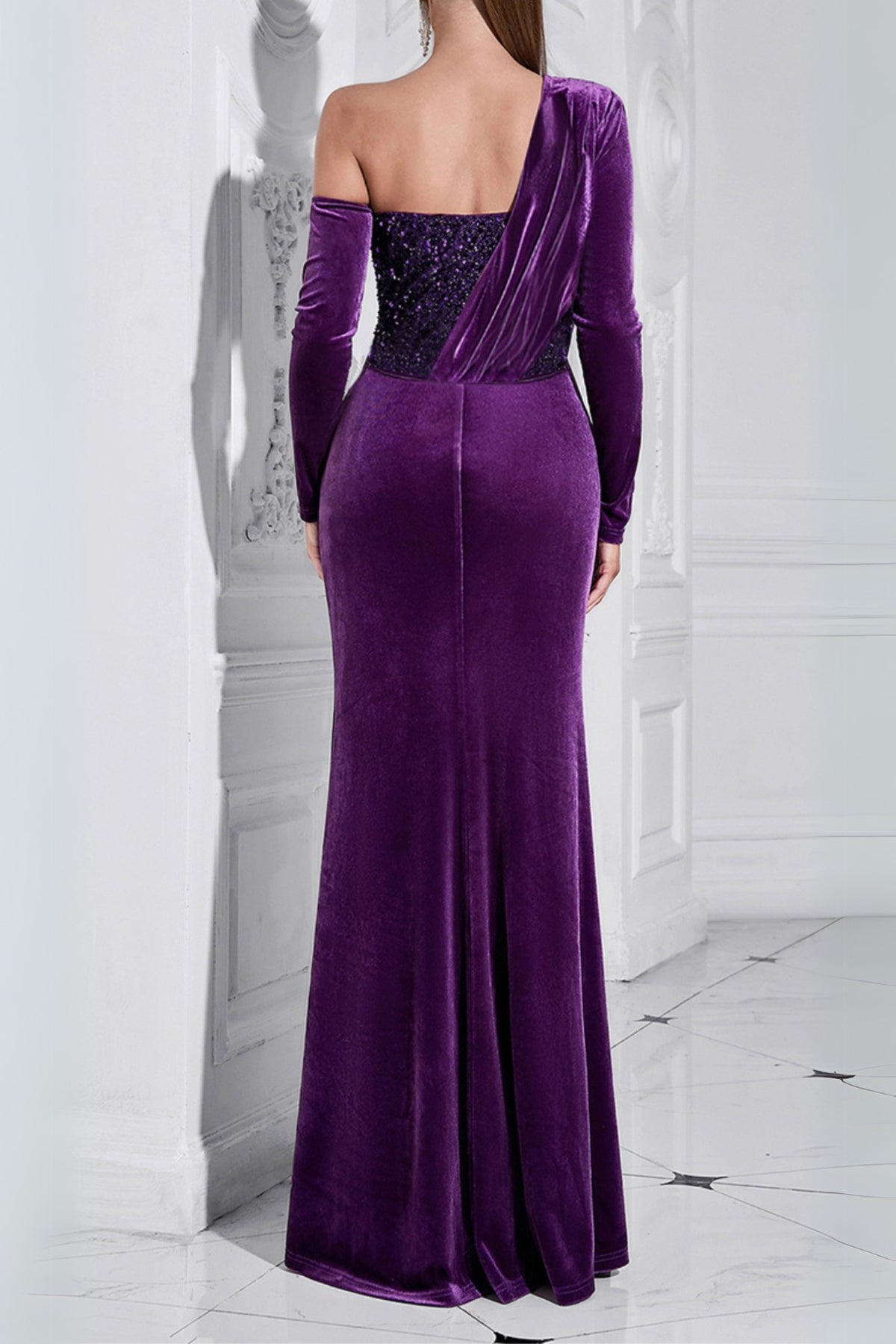 one shoulder sequin-embellished velvet maxi dress in purple