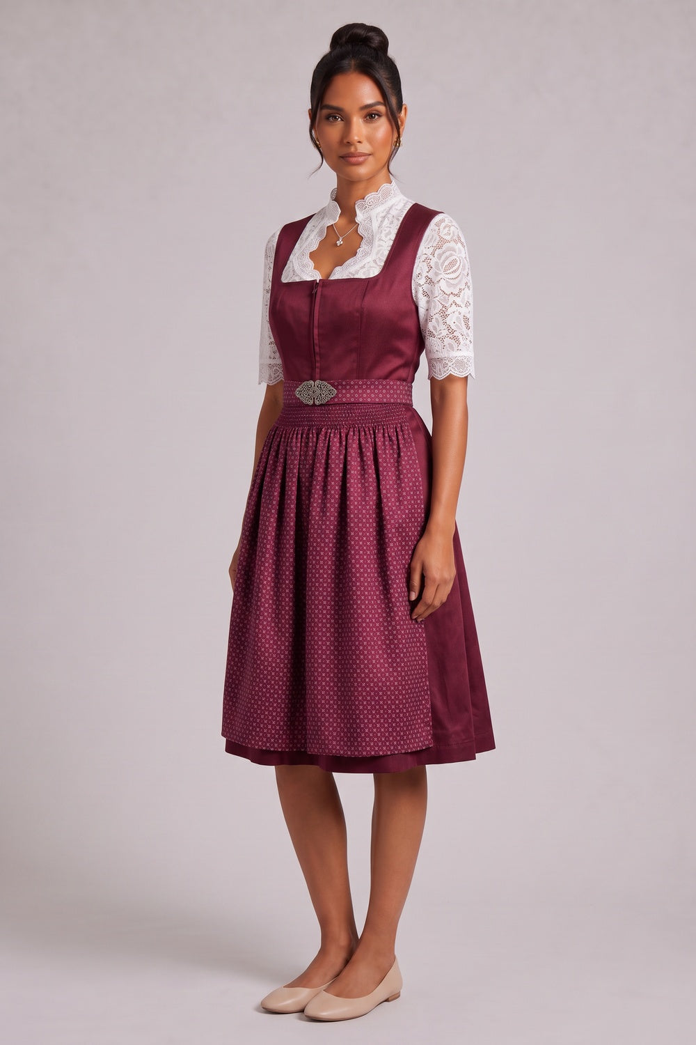 burgundy satin-finish polyester or taffeta fit-and-flare dirndl dress set burgundy, white satin-finish polyester or taffeta dirndl dress set - product view 2