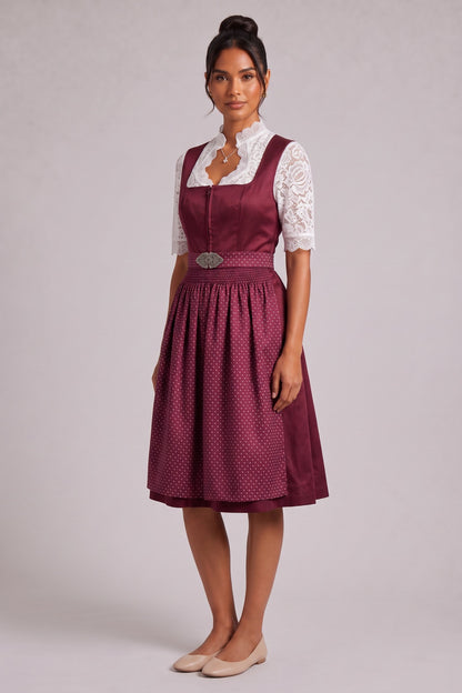 burgundy satin-finish polyester or taffeta fit-and-flare dirndl dress set burgundy, white satin-finish polyester or taffeta dirndl dress set - product view 2