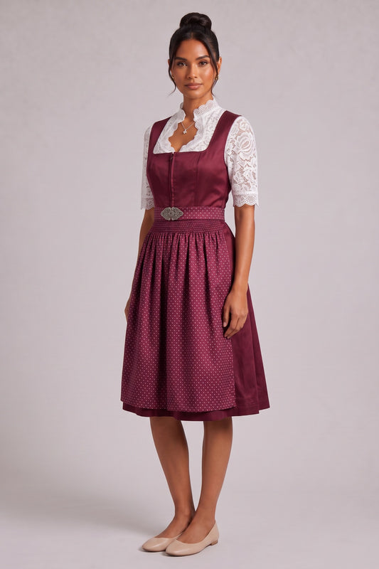 burgundy satin-finish polyester or taffeta fit-and-flare dirndl dress set burgundy, white satin-finish polyester or taffeta dirndl dress set - product view 2