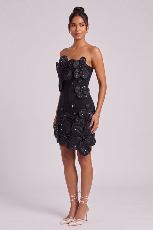 Black Structured Crepe 3D Floral Mini Dress black structured crepe dress - product view 3
