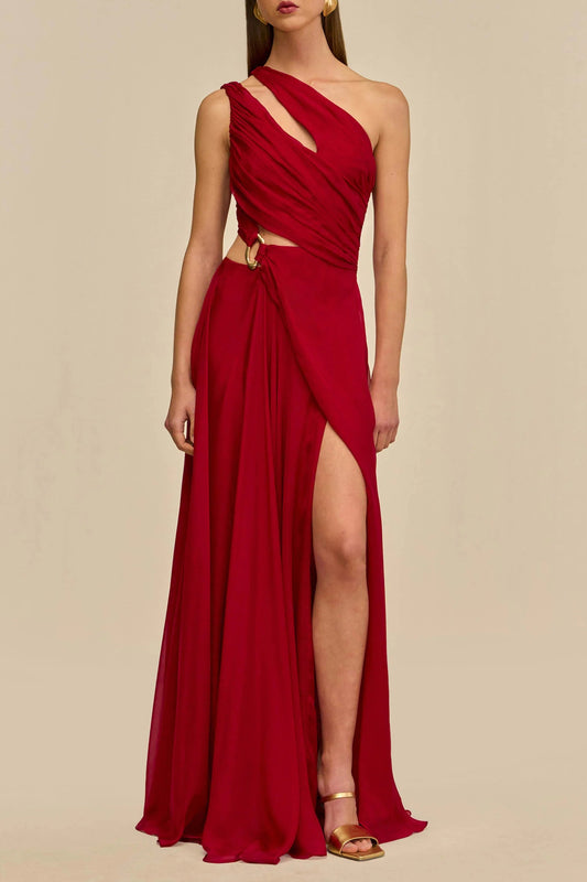 agatha one shoulder draped high slit silk gown in red