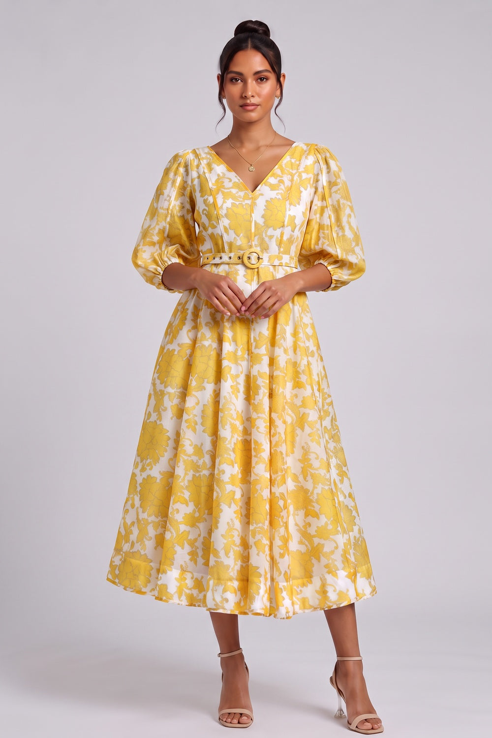 Yellow Floral Midi Dress with Belt Premium Fabric - product view 4