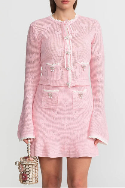 joanna Knit Co-ord Set With Pearl & Bow Detailing – Pink