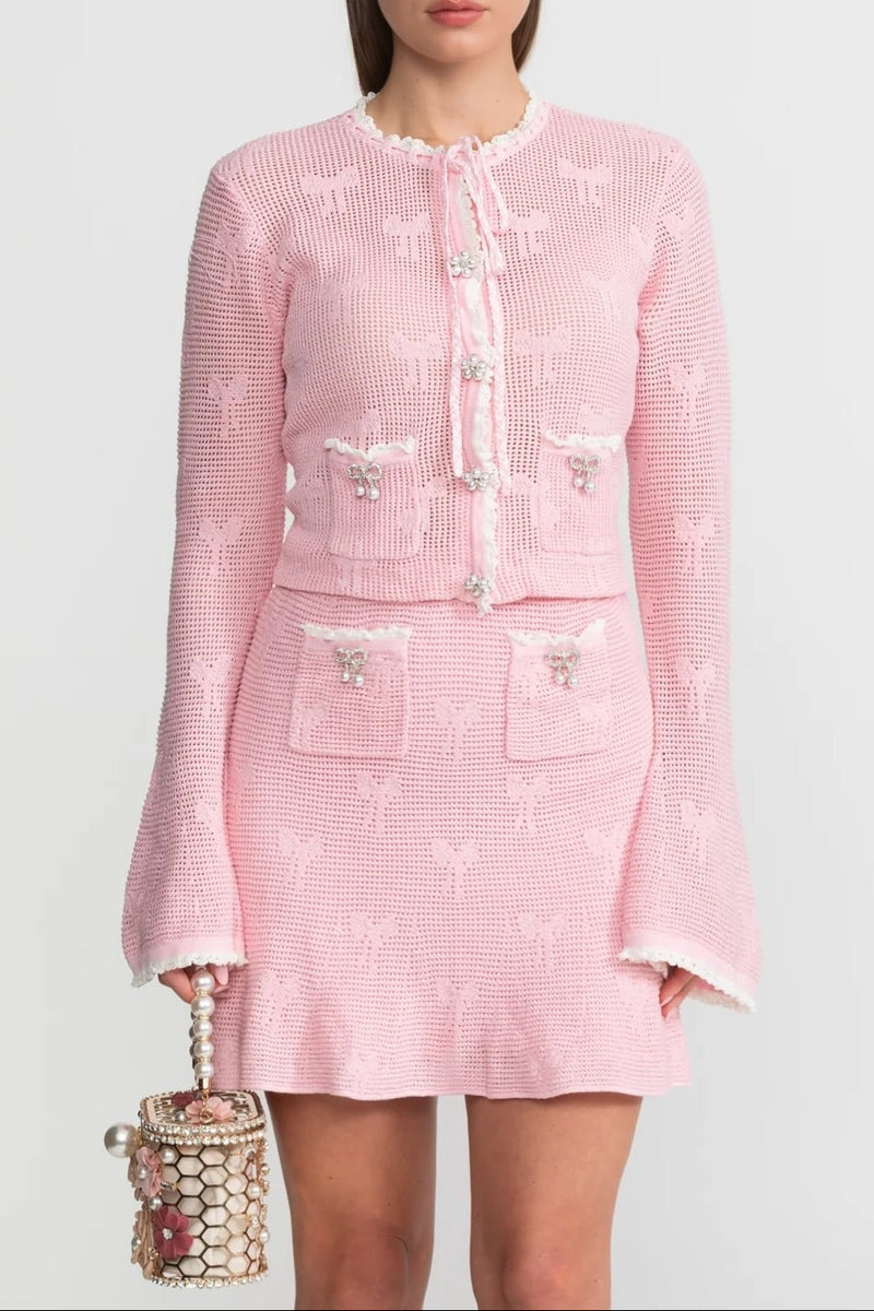 joanna Knit Co-ord Set With Pearl & Bow Detailing – Pink