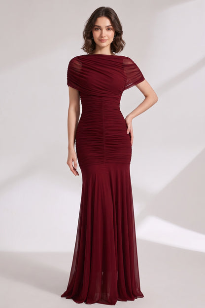 burgundy mesh mermaid evening gown burgundy mesh evening gown - product view 1